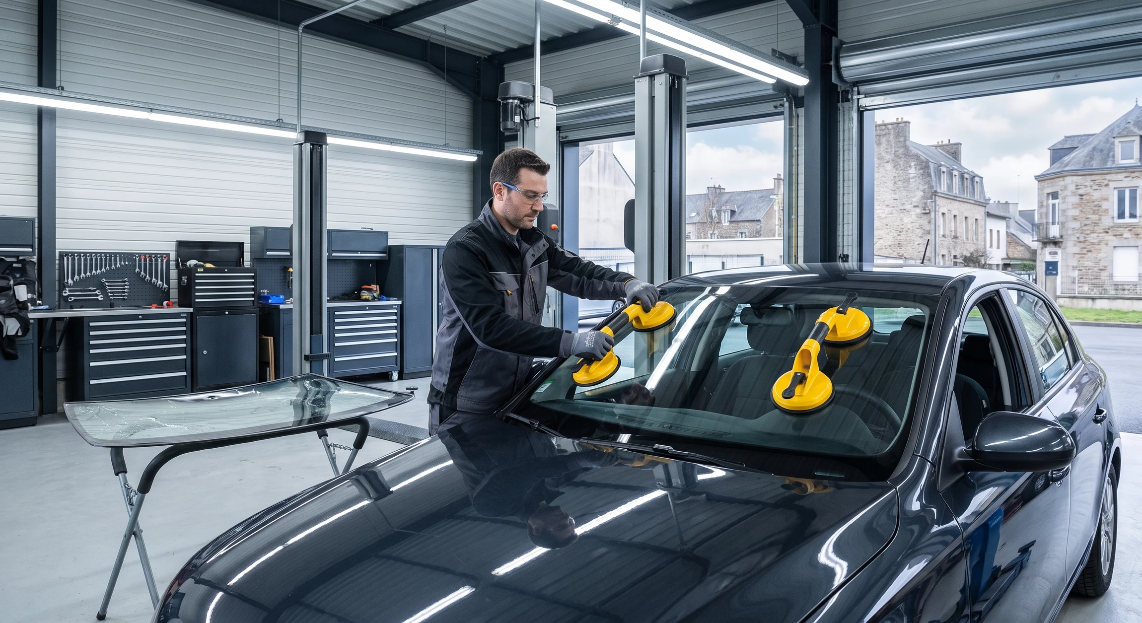 Photo réaliste professionnelle d’un atelier de vitrage automobile moderne, avec un technicien en tenue de travail remplaçant le pare-brise d’une voiture à l’aide de ventouses de pose et d’outils spécialisés. Le véhicule est placé dans un garage propre et lumineux, avec un pare-brise fissuré ou en cours de remplacement clairement visible, ambiance sérieuse et professionnelle.