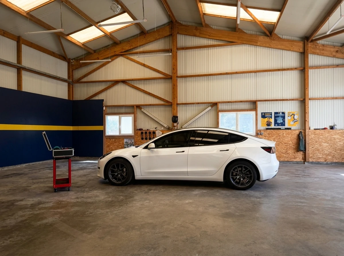 Atelier de pose de film automobile, intérieur hangar bardage métallique, charpente bois