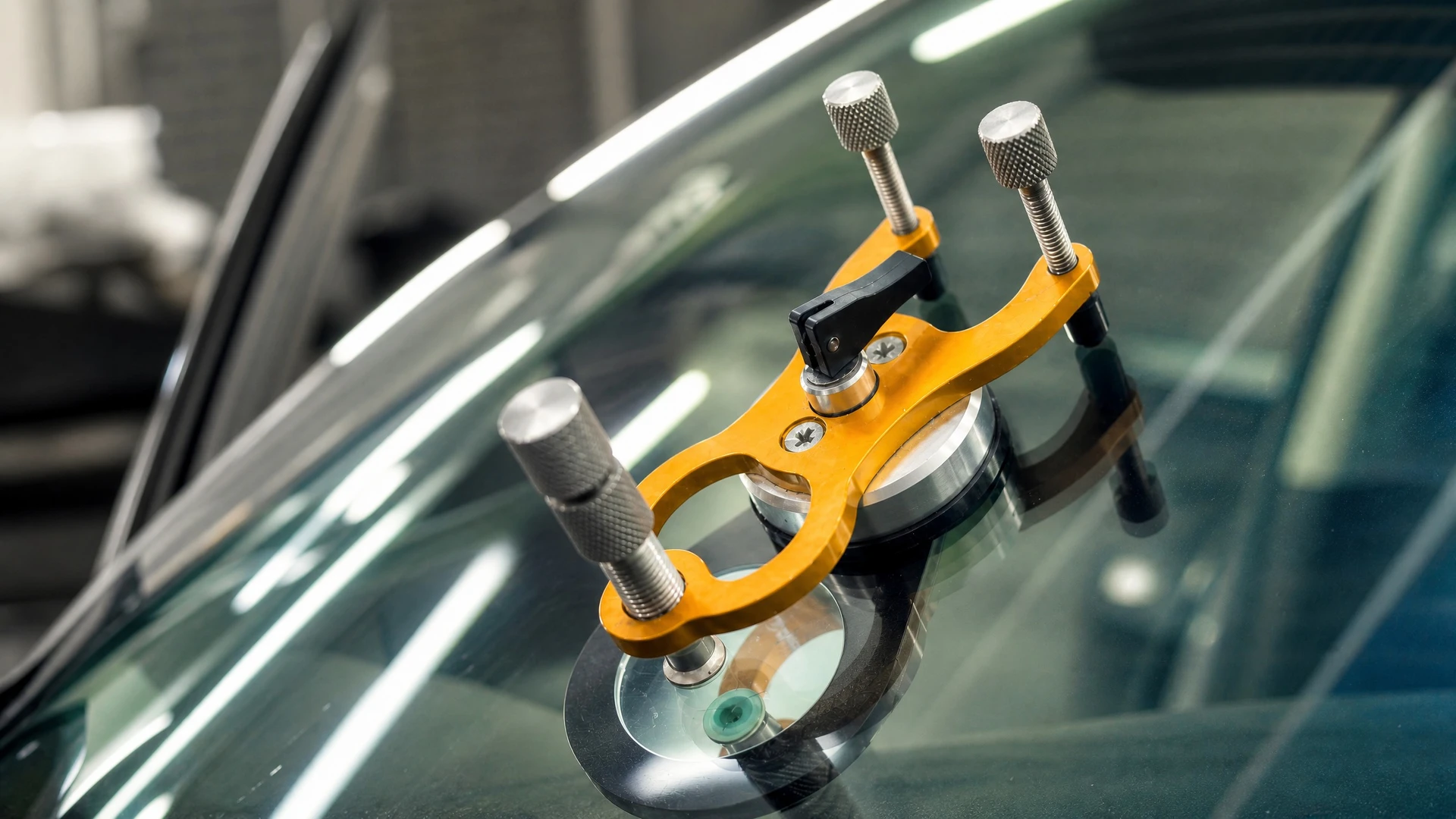 Extérieur, technicien utilisant une ventouse professionnelle bleue pour réparer un pare-brise de véhicule, travail de vitrage automobile sur surface vitrée avec impact visible