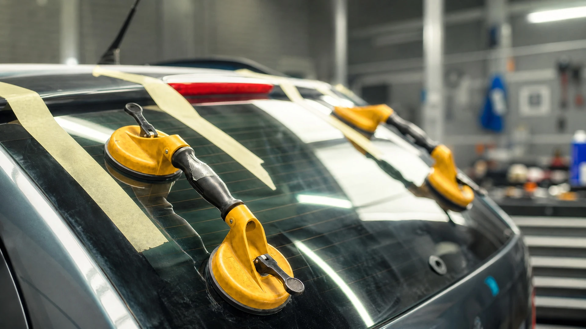 Photographie professionnelle en intérieur d'atelier automobile montrant un véhicule de berline en cours de remplacement de lunette arrière. Le vitrage arrière doit être visiblement retiré ou en phase de remplacement, avec les joints d'étanchéité visibles sur la carrosserie. L'atelier doit montrer un environnement professionnel avec structure apparente, sol béton, et équipements d'atelier. L'éclairage doit être clair et professionnel. Aucun texte, logo ou filigrane visible.