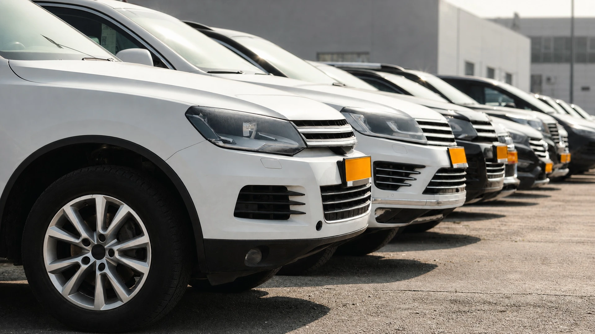 Flotte de véhicules utilitaires blancs stationnés en rangée sur parking d'entreprise avec bâtiment industriel en arrière-plan